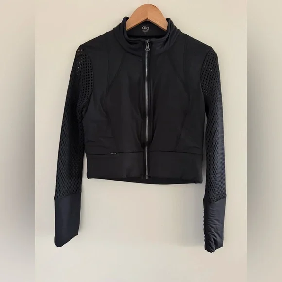 ALO Yoga Black Bomber Jacket with Mesh Sleeves and Back Size Medium - Picture 3 of 7